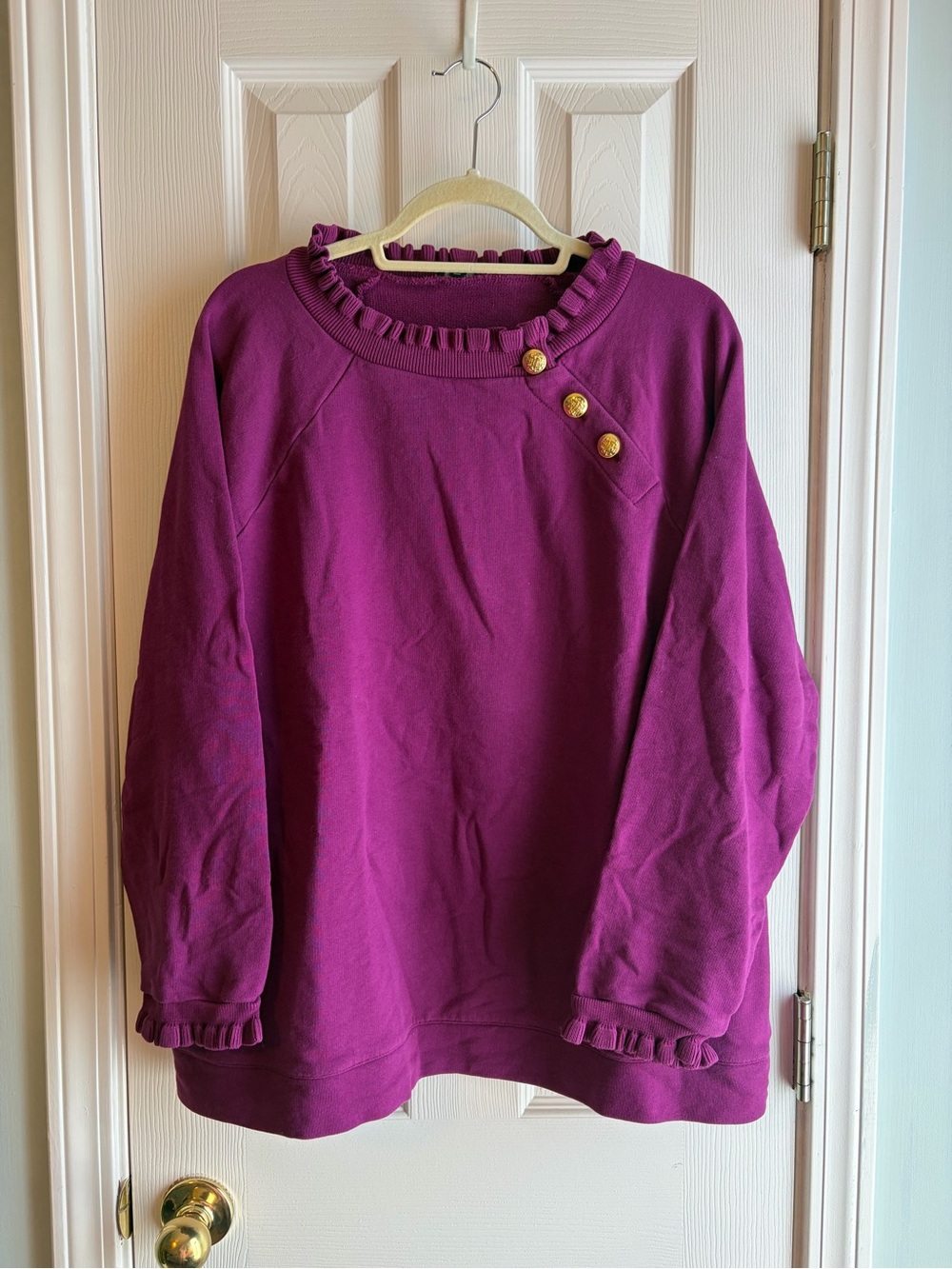 Talbots Ruffle-Trim Sweatshirt in Plum with Gold Buttons